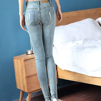 Gratis forsendelse 2018 mode sexet blyant bukser, slim fit jeans kvinde efteråret tynde bukser dame Jeans størrelse S-XL