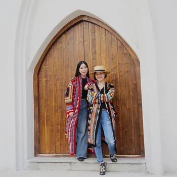 Gratis Forsendelse 2018 Nye Mode uld Frakke For Kvinder Plus Size Løs Overtøj Lange Ærmer Maxi Hånd Lavet Nationale Trøjer