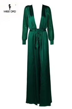 Gratis Forsendelse 2018 Sexet-V-hals langærmet split grøn farve MAXI kjole FT2395-1