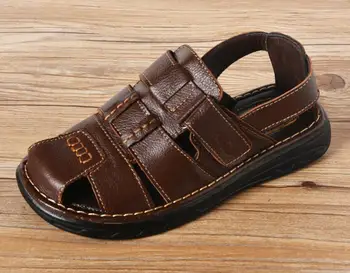 Gratis forsendelse 2018summer herre sandaler, tøfler ægte læder sandaler udendørs afslappet mænd læder sandaler til mænd mænd Beach sko