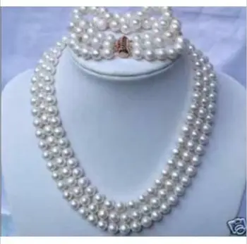 Gratis Forsendelse >>3 træk tråde AAA+8-9mm akoya hvid perle halskæde/blacelet 18