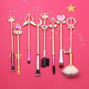 Gratis Forsendelse 8stk Sailor Moon Smykker Makeup Kosmetiske Børste Sæt Pincel Maquiagem Gyldne Metal Månen Med Crystal Kvinders Gaver