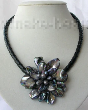 Gratis forsendelse >>>>>>klassisk sort barok ferskvandsperle shell blomst læder halskæde