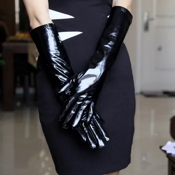 Gratis forsendelse Kvinders læderhandsker ultra lang imiteret læder PU læder lang design-fashion sort farve, 40 cm, 50 cm, længde 60cm