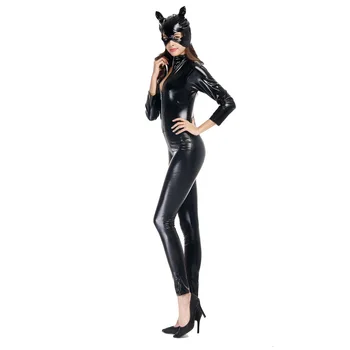 Gratis forsendelse natklub catsuit DS halloween fest kostume til cosplay Latex Catsuit i sort køn sæt karneval fancy buksedragt+hat