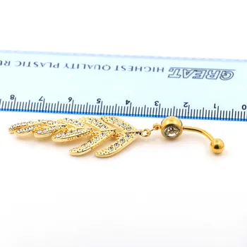 Gratis forsendelse nye Mode Charme 20pcs dingle kvast blad perle krystaller navle piercing Rustfrit Stål navle ring