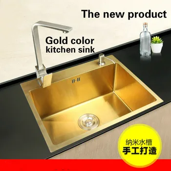 Gratis forsendelse Standard køkken manuel vask enkelt trug guld farve mad-grade 304 rustfrit stål hot sell 53x43/60x45/68x45 CM