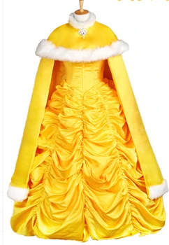 Gratis forsendelse Voksen Skønheden og Udyret Prinsesse Belle Fancy Kjole Coplay Kostume med kappe, handsker og underkjole