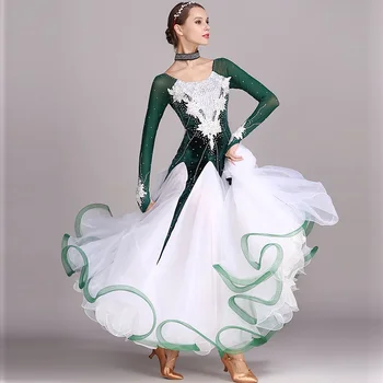 Grøn rhinestones Ballroom dance konkurrence kjole standard kjoler moderne dans, kostume ballroom vals kjole selvlysende kostumer