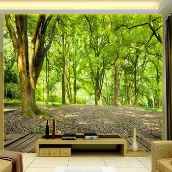 Grønne skovtræer Foto Vægmaleri For Soveværelse, Opholdsstue, TV, Sofa Baggrund Væggen Ikke-vævet Strå Tekstur Tilpasse 3D Tapet