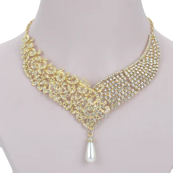 Guld Metal Forgyldt halskæde øreringe Brude Bryllup smykker sæt, Kvinder Part krystal perle mode kjole øreringe sæt tilbehør