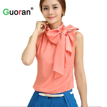 {Guoran} Office Lady Silke bluser kvinder formelle Chiffon Shirts XL bue-knude Ærmeløs overdele Femme Blusa Pink Hvid Klud