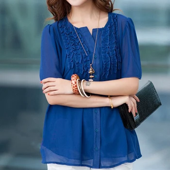 Guoran Top Tees Kvalitet Plus size Løs Chiffon skjorte kortærmet Trævlet Sømline koreanske Kvinder Shirt Fashion Store Szie XXXL 4XL