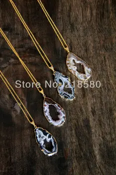H-QN90 Blande Sort Brun Agat Druzy Geode Skive Vedhæng Halskæde i Sølv eller Guld Farve