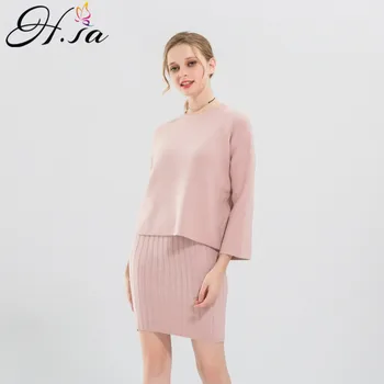 H. SA 2017 Damer Elegant Strik Passer Pullover og Nederdel 2 stk Passer Slim Blå Pink Sweater Toppe langærmet Slim Casual Jumpere
