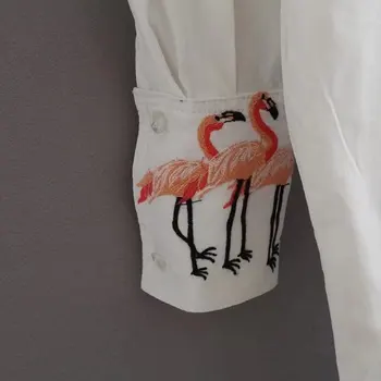 H. SA 2018 Spring Nye Kvinder Hvid Lange Bluser med Lange Ærmer Casual Flamingo Broderi Shirts Kvinder Top og Bluser roupa feminina