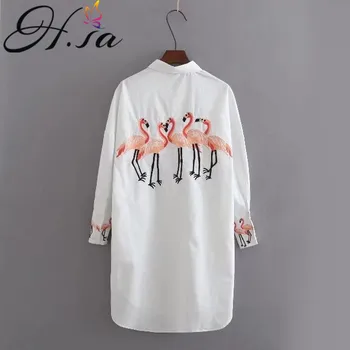 H. SA 2018 Spring Nye Kvinder Hvid Lange Bluser med Lange Ærmer Casual Flamingo Broderi Shirts Kvinder Top og Bluser roupa feminina