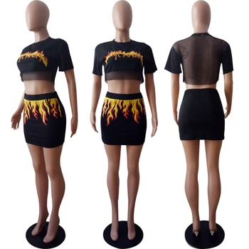 HAOYUAN 2 delt Sæt Kvinder Brand, Flamme Print Tilbage Se Gennem Sexet Mesh Afgrøde Top Og Mini-Bodycon Nederdel Outfit Passer til To-delt Sæt