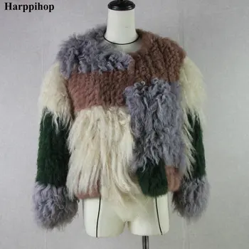 HARPPIHOP*Design Kanin Pels Mongoliet Får Lam Fur Fur Kombineret Strikket Vinter Jakke pels overtøj kort stil