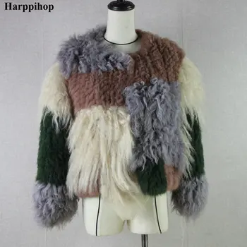 HARPPIHOP*Design Kanin Pels Mongoliet Får Lam Fur Fur Kombineret Strikket Vinter Jakke pels overtøj kort stil
