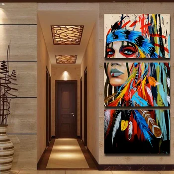 HD trykt 3 stykke lærred kunst native American Indian med fjer Male væggen billede til stuen 2018 dropshipping NY-5786