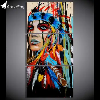 HD trykt 3 stykke lærred kunst native American Indian med fjer Male væggen billede til stuen 2018 dropshipping NY-5786