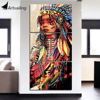 HD trykt 3 stykke Lærred Kunst Native American Indiske Kvinde Maleri Fjer Væg Kunst til stuen Gratis fragt NY-7263C