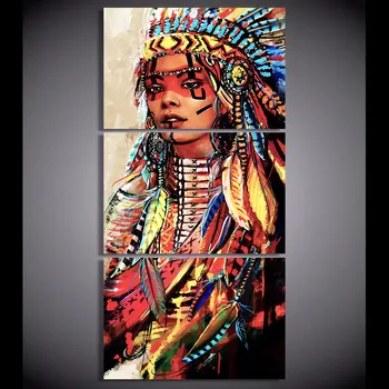 HD trykt 3 stykke Lærred Kunst Native American Indiske Kvinde Maleri Fjer Væg Kunst til stuen Gratis fragt NY-7263C