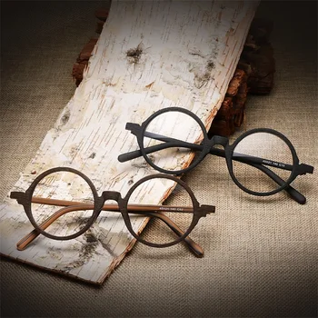 HDCRAFTER Herre Briller Rammer, Træ-Retro Runde Briller Ramme for Kvinder Træ Optiske Briller Almindelig Briller Med Klar Linse