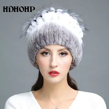 HDHOHP 2017 Ny Pels Hat Vinteren Kvinder Ægte Kanin Pels Hat Med Silver Fox Fur Strikkede Huer Fashion Kvinder Naturlige Pels Hætter
