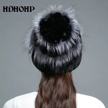 HDHOHP 2017 Ny Wram Ægte Pels Hat Vinteren Kvinder Ægte Mink Pels Hat Med Silver Fox Fur Strikkede Huer Fashion Kvinder Pels Hætter