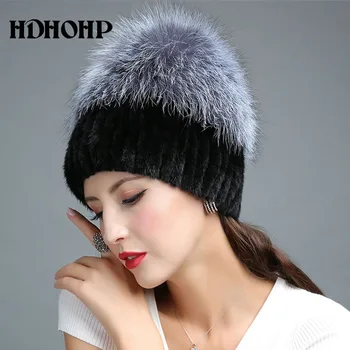 HDHOHP 2017 Nye Vinter Ægte Pels Hat Kvinder Ægte Mink Pels Hat Med Silver Fox Fur Strikkede Huer Fashion Kvinder Pels Hætter
