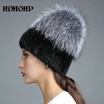 HDHOHP 2017 Nye Vinter Ægte Pels Hat Kvinder Ægte Mink Pels Hat Med Silver Fox Fur Strikkede Huer Fashion Kvinder Pels Hætter