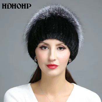 HDHOHP 2017Fashion Vinter Ægte Pels Hat Kvinder Real Mink Fur Hat Med Silver Fox Fur Strikkede Huer Nye Kvinder Pels Hætter