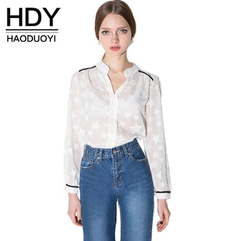 HDY Haoduoyi 2017 Efteråret Mode Kvinder Knapper Ned Sheer Sexet Stjerne Mønster Bluser med Lange Ærmer Casual Mode Shirts