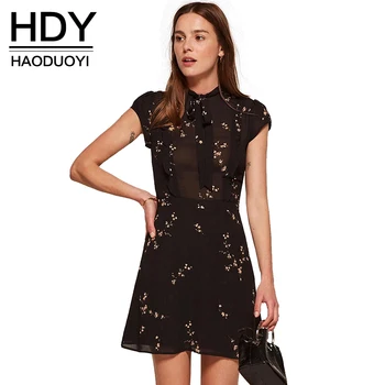HDY Haoduoyi 2018 Mode Sommeren Kvinder Vintage Kjole A-line Print Korte Ærmer Mini Kjole Empire O-hals Solid Black Vestidos