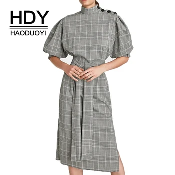 HDY Haoduoyi Brand Kvinder Plaid Casual Kjoler Puff Ærmer Rullekrave Knapper Kvindelige Vitange Vestidos OL Dame Elegante Kjoler