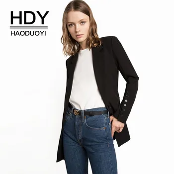 HDY Haoduoyi Fashion Kvinder Blazer Slim Fit Én Knap Kontor Damer Frakke Hak Lange Ærmer Blazere Jakker Solid Black Outwear