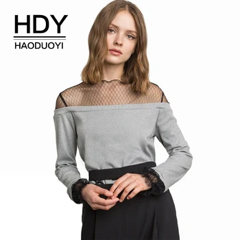 HDY Haoduoyi Fashion Kvinder Sexy Sweet Sweatshirts Mesh Semi Sheer Patchwork Lange Ærmer Kvindelige Blonder Hættetrøjer Casual Dame Pullover