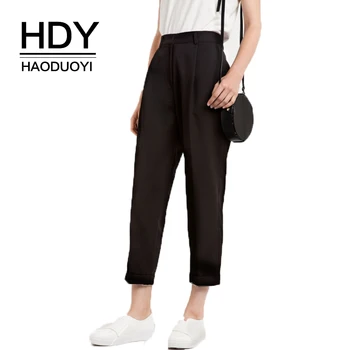 HDY Haoduoyi Fashion Sort Kvinder Casual Ankel-Længde Bukser Kvindelige Høj Talje Pind Bukser med Brede Ben Dame Løs Bund