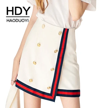 HDY Haoduoyi Hvid Farve Blok Kant, der Dækker Sød Mini Nederdele med Høj Talje Dobbelt Breasted Dame Bunden Preppy Style-A-Line Nederdele