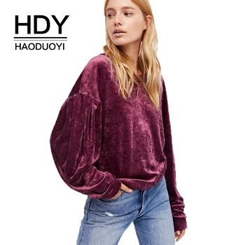 HDY Haoduoyi Mode Solid Fuchsia Kvinder Sød Velour Sweatshirt med Lange Ærmer Casual Løs Pullovere Kvindelige Flæser Toppe
