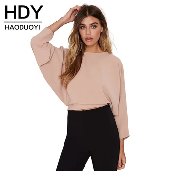HDY Haoduoyi Womens Fashion Backless Solid Tre Kvart Ærme Crop Tops Snor Knapper Dame T-shirts, Engros