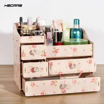 HECARE DIY Træ-opbevaringsboks Makeup Organizer Smykker Beholder Træ Skuffe Arrangør Håndlavet Kosmetiske Opbevaring Organizer Box