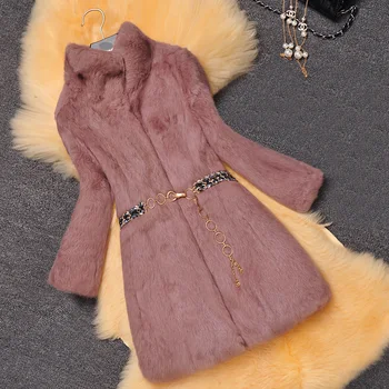 Hele huden ægte kanin pels vinter frakke kvinder lang design stå krave og varme naturlige pels jakke, overtøj 2017 mode frakke