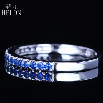 HELON 0.4 CT Ægte Safirer Halv Evighed Ring Solid White 10k Guld Kvinder Engagement Bryllup Band Fine Smykker
