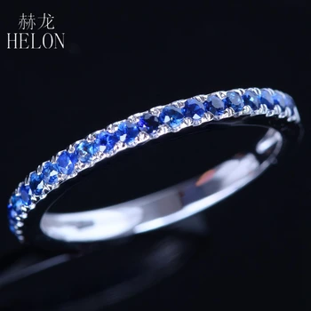 HELON 0.4 CT Ægte Safirer Halv Evighed Ring Solid White 10k Guld Kvinder Engagement Bryllup Band Fine Smykker