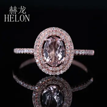 HELON Kvinders Smykker 7x5mm Oval 0.62 ct Morganite 0.25 ct Diamant To Halo Engagement Ring Indstilling Massivt 14K gul Guld