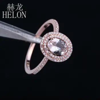 HELON Kvinders Smykker 7x5mm Oval 0.62 ct Morganite 0.25 ct Diamant To Halo Engagement Ring Indstilling Massivt 14K gul Guld