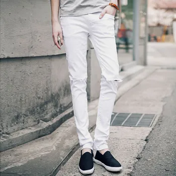 Herre Casual Skinny Jeans Bukser Mænd Sorte Hvide Blyant Ripped Jeans Tigger Jeans Med Knæet Hul For Unge Mænd